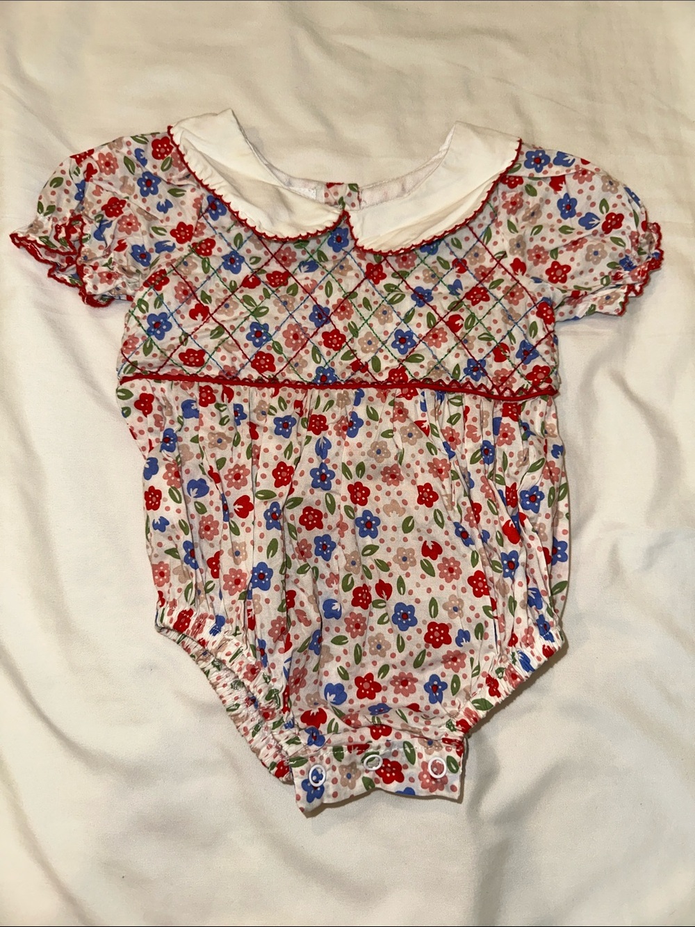 Smocked Floral Baby One-Piece Bodysuit in Red, Blue and White